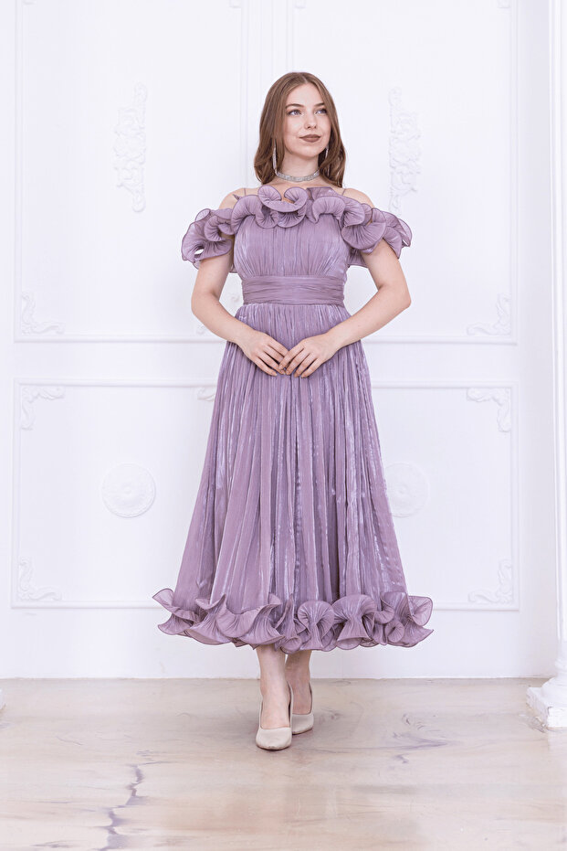 Chiffon Midi Dress with Ruffle Detail - Dried Rose