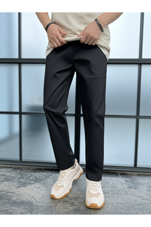 Black Slim Fit Men's Fabric Trousers - Casual Elegance