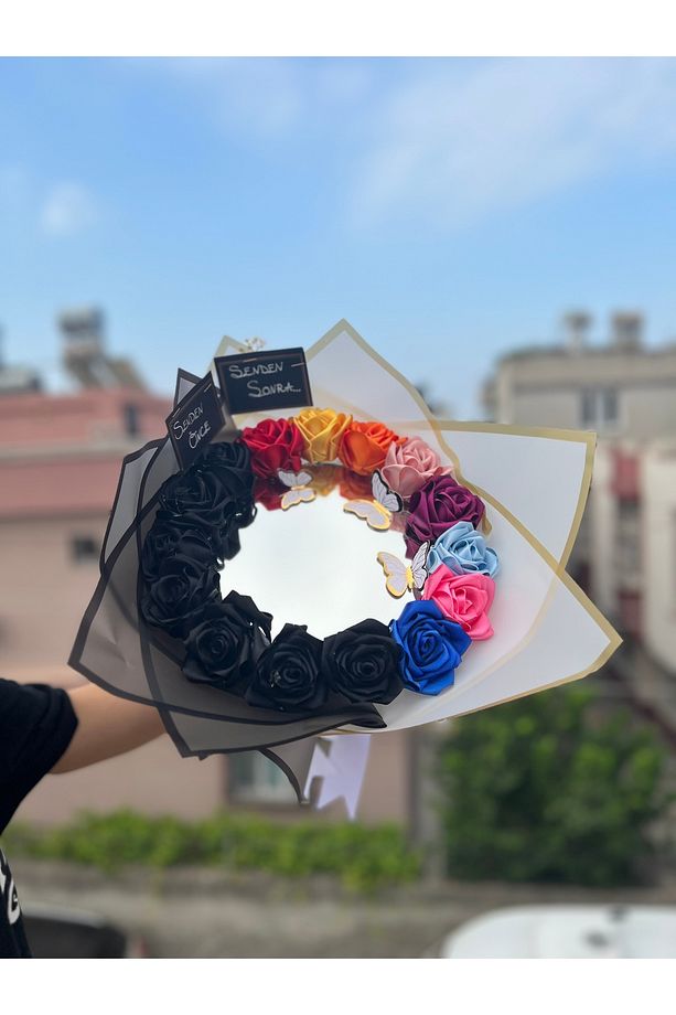 SENDEN ÖNCE SENDEN SONRA Gül Buketi AYNALI Gül Buketi Solmayan Kelebek Detaylı Yapay Cicek - 1
