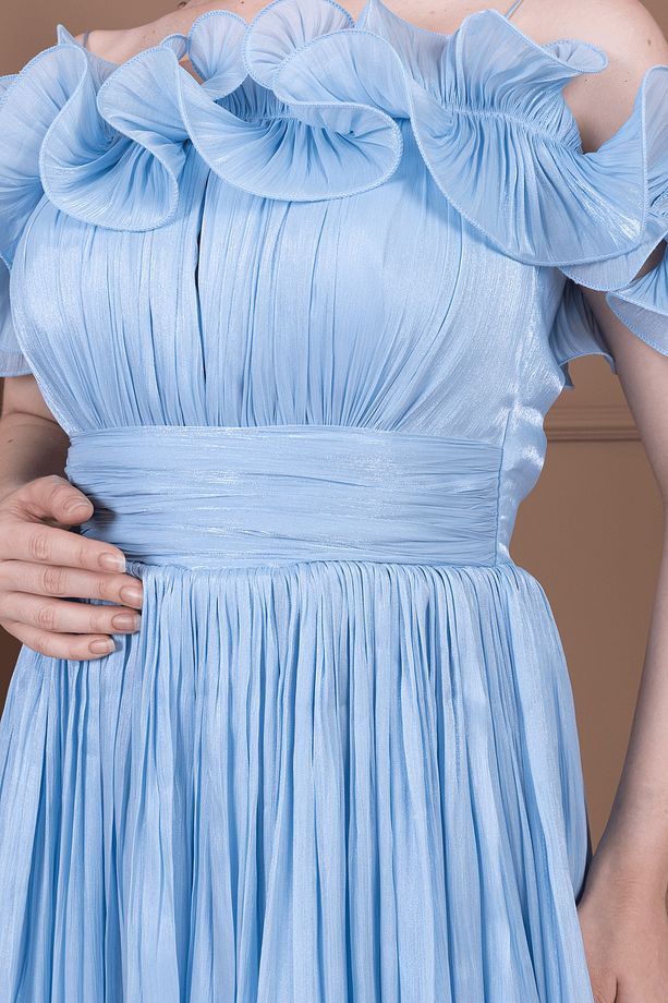 Şifon Kumaş Volan Detaylı Midi Elbise - BEBE MAVİSİ - 3