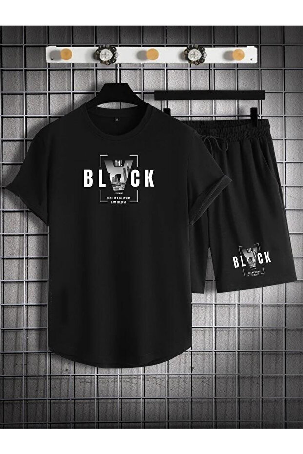 Men's Black 2-Piece Oval Suit T-Shirt & Shorts Combed Cotton Fabric the Black Print