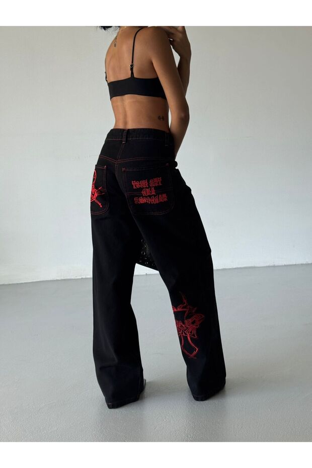 Y2k Recycled Gothic Skull Unisex Baggy Pantolon - 7