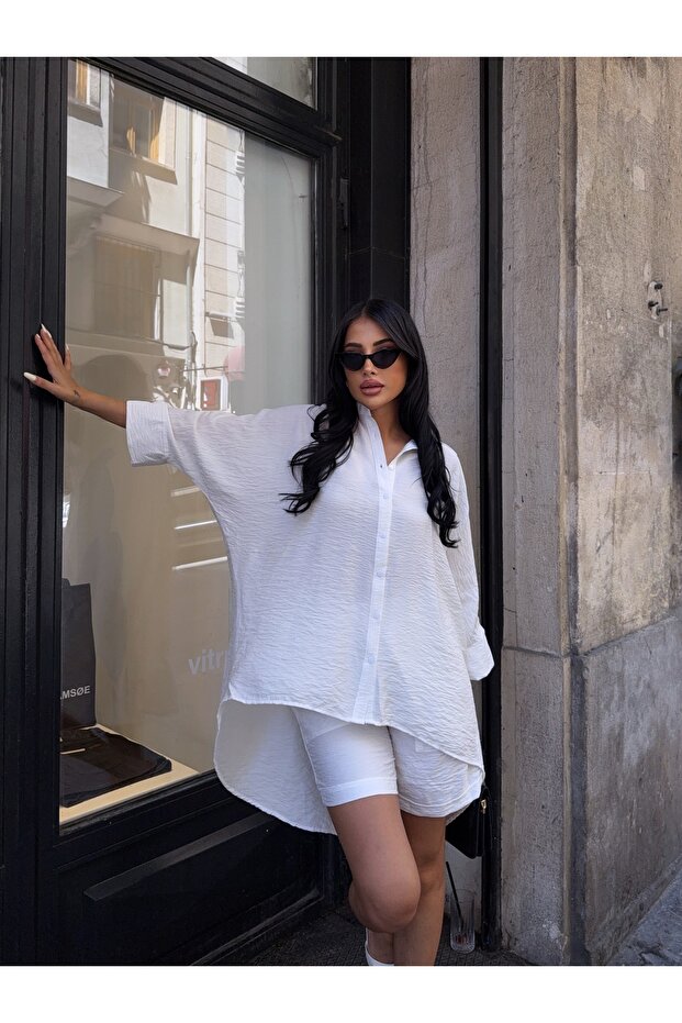 Linen Back Long Casual Shirt Shorts Set White