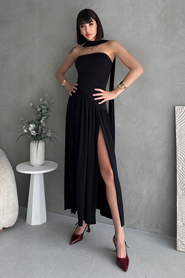 Siyah A Kesim Şal Detaylı Straplez Maxi Şık Abiye Gece Mezuniyet Elbisesi TPRSS25EL00317 - 1