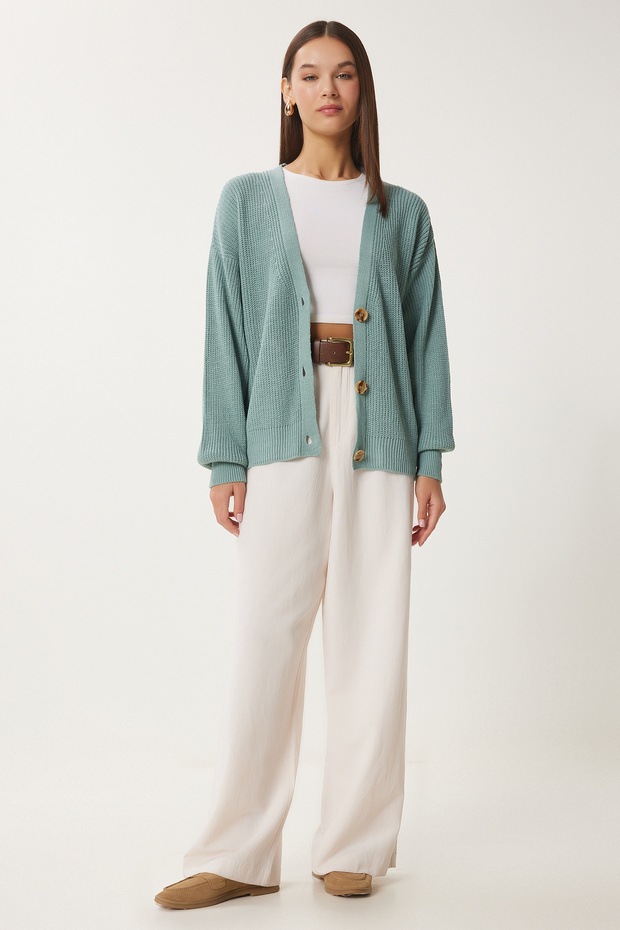 Damski zielony sweterek z dekoltem w kształcie litery V, zapinany na guziki ZA00025 - 3