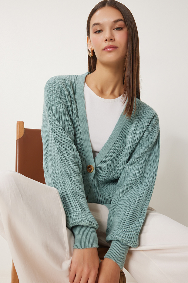 Damski zielony sweterek z dekoltem w kształcie litery V, zapinany na guziki ZA00025 - 1