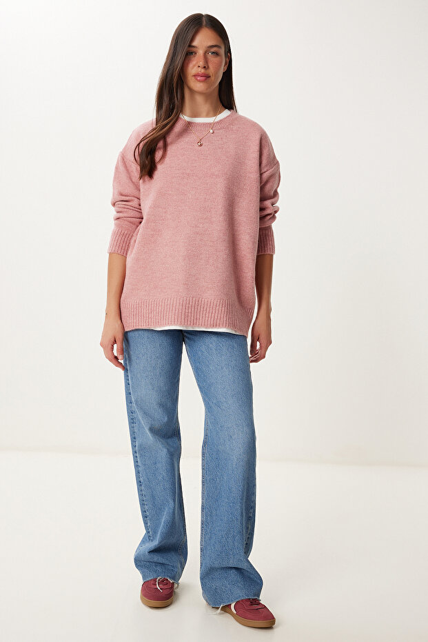 Damski sweter oversize z dzianiny w kolorze różowym, średni PN00054 - 4