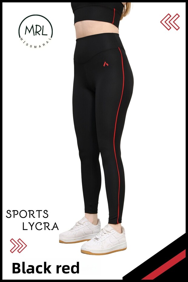 Women's High Waist Recovery Sports Tights Black / Red Stripe Detailed Lycra Diver 1041