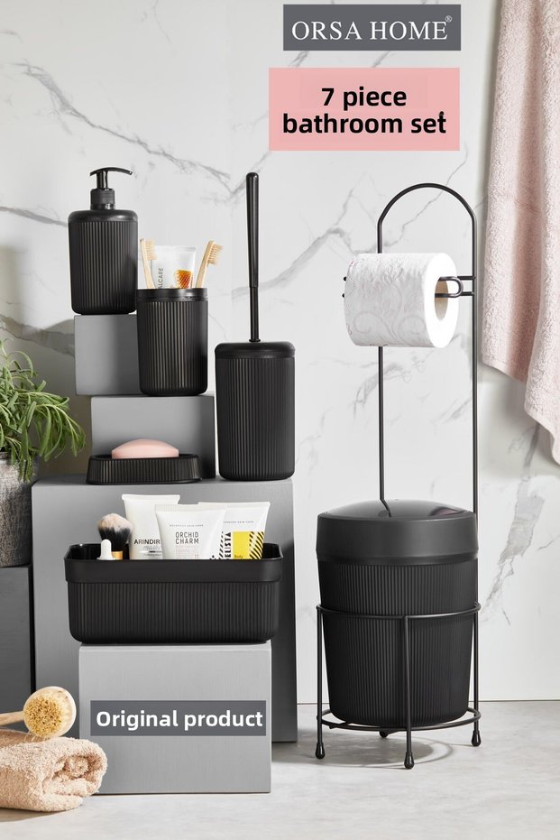 7-Piece Black Bathroom Set with Metal Stand, Bucket, Toilet Paper Holder, Cosmetic Box, Toothbrush Holder, and Soap Dish