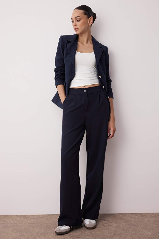 Lacivert Wide Leg/Geniş Paça Dokuma Kumaş Pantolon TWOAW22PL0139 - 2
