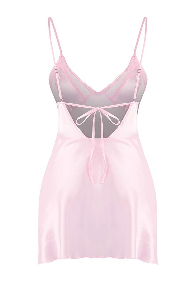 Pembe Tül/Mesh ve Sırt Detaylı Kapsız Askılı Saten Babydoll/Fantezi Gecelik THMAW26CY00005 - 8