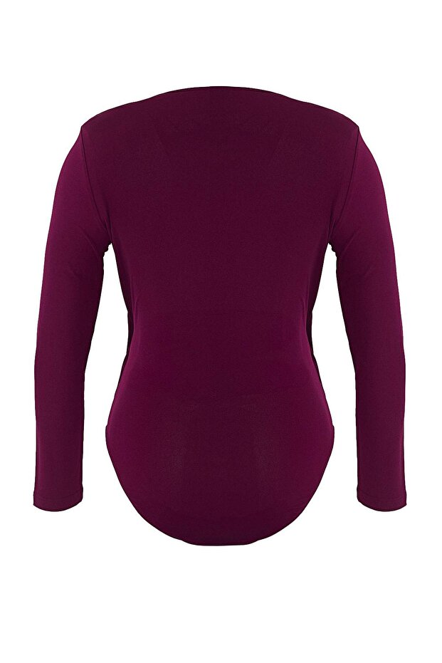 Mürdüm Kruvaze Yaka Bodycone Büyük Beden Çıtçıtlı Body TBBAW25CS00008 - 6