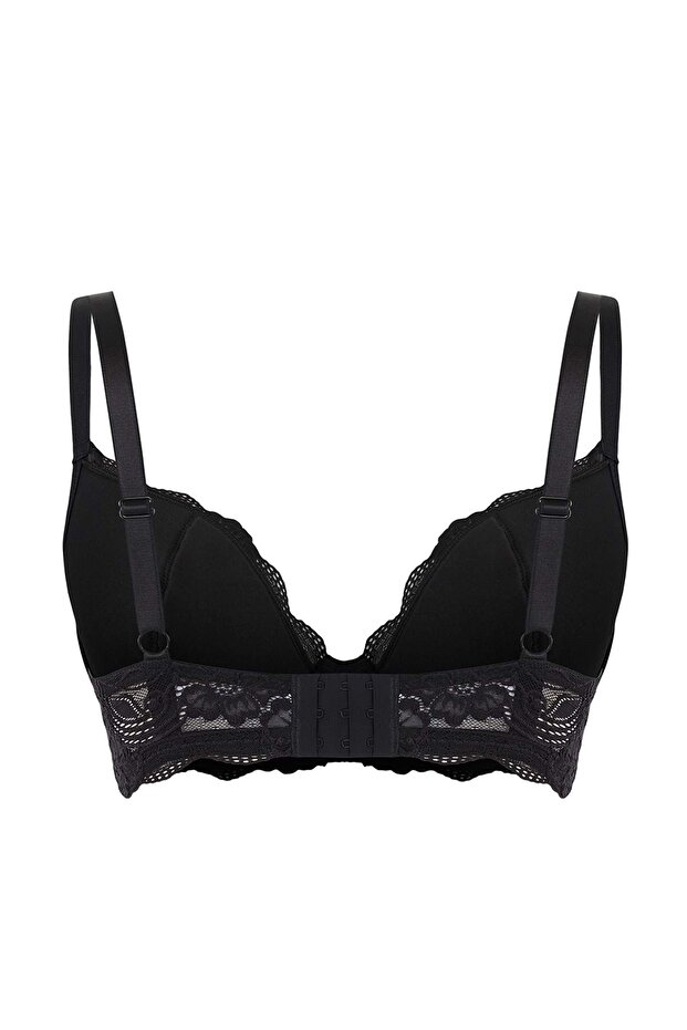 Siyah Balenli Sabit Kaplı Dolgusuz Dilim Dantel Detaylı T-Shirt Bra Sütyen TBBAW26CW00002 - 4