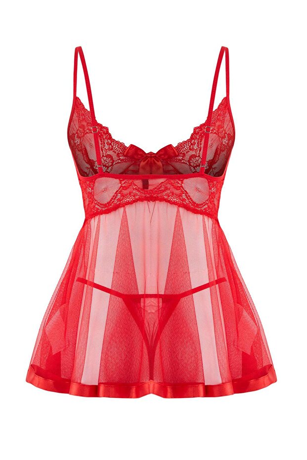 Kırmızı Şeritli Kapsız Külotlu Dantelli Tül Askılı Mini Boy Babydoll/Fantezi Gecelik THMAW26CY00004 - 8