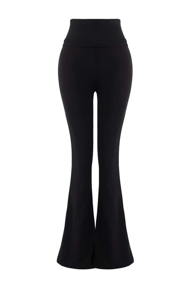 Siyah Fırçalı Soft Kumaş Bel Katlama Detaylı Flare/İspanyol Paça Yoga Örme Spor Tayt THMAW26TY00001 - 5