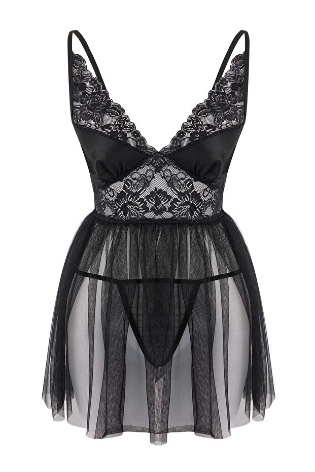 Siyah Kapsız Dantelli Tül/Mesh Askılı Külotlu Babydoll/Fantezi Gecelik THMAW26CY00001 - 5