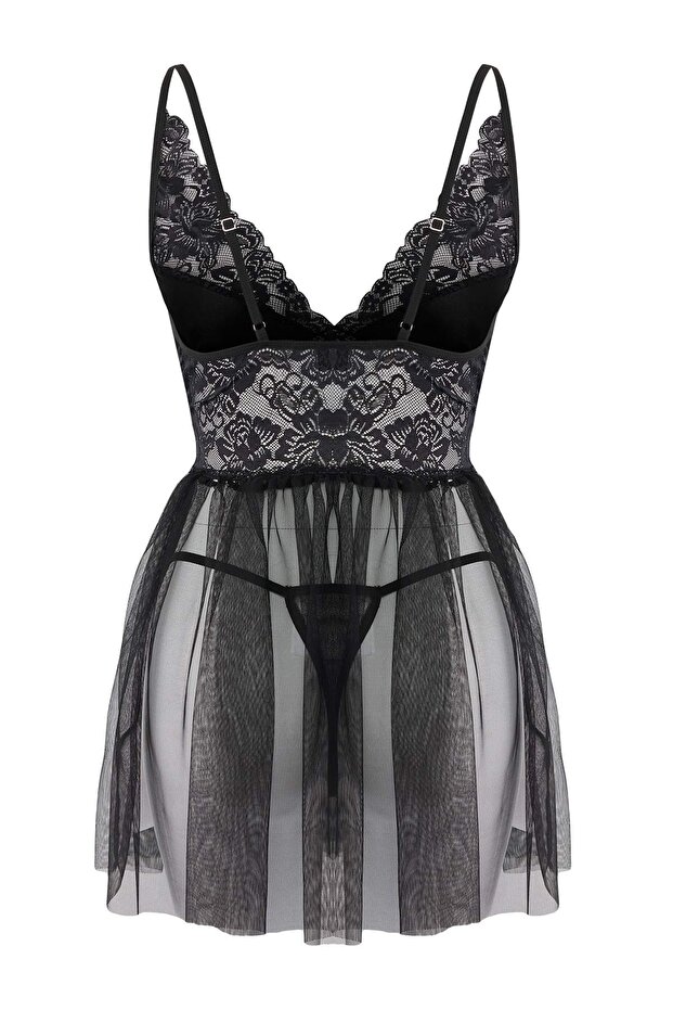 Siyah Kapsız Dantelli Tül/Mesh Askılı Külotlu Babydoll/Fantezi Gecelik THMAW26CY00001 - 7