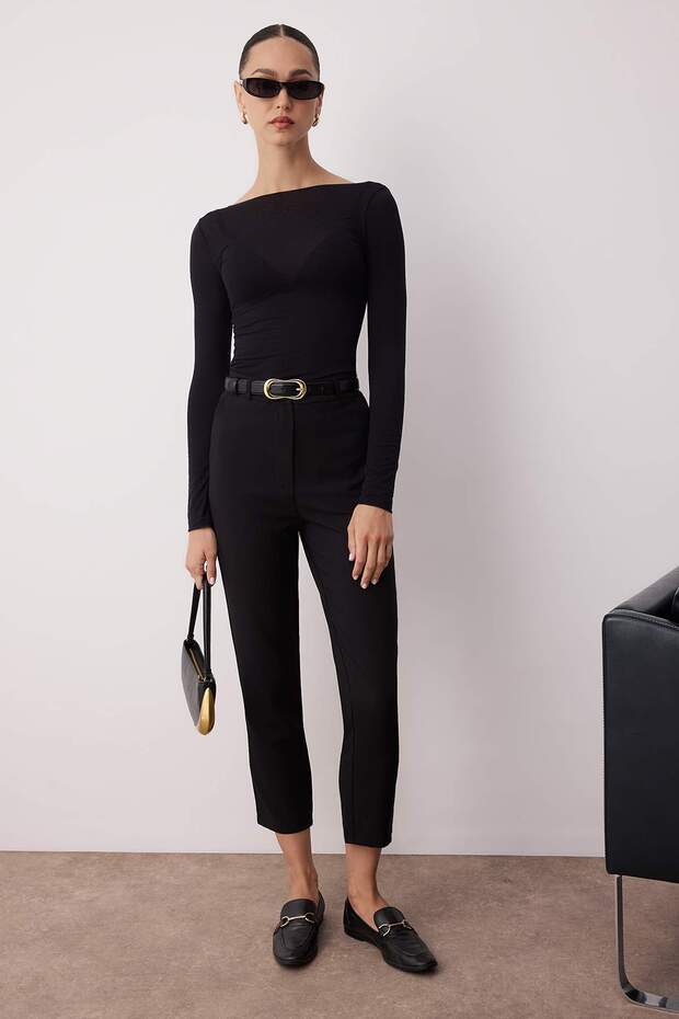 Siyah Basic Cigarette Dar Paça Dokuma Kumaş Pantolon TWOSS19ST0038 - 1