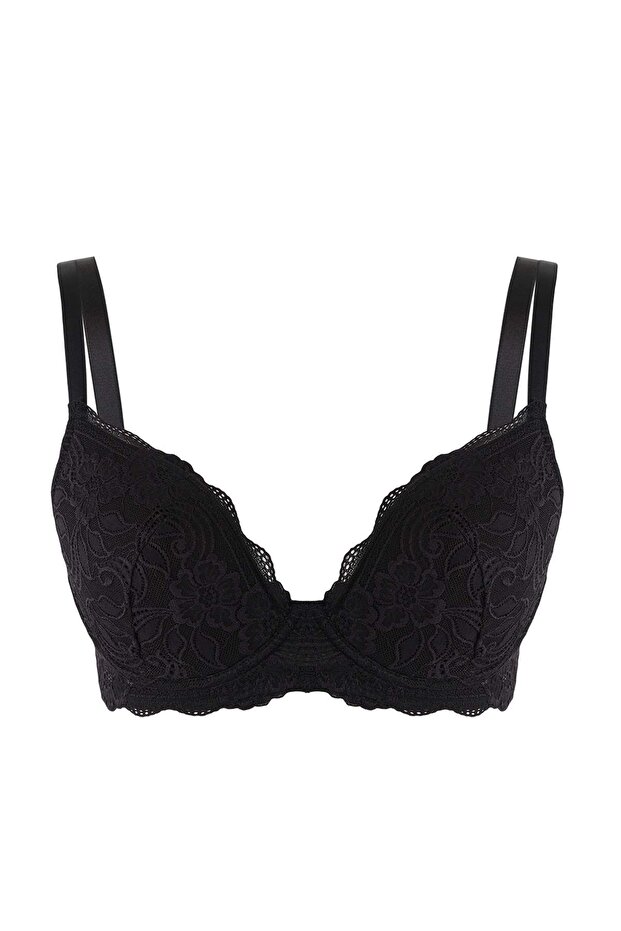 Siyah Balenli Sabit Kaplı Dolgusuz Dilim Dantel Detaylı T-Shirt Bra Sütyen TBBAW26CW00002 - 2