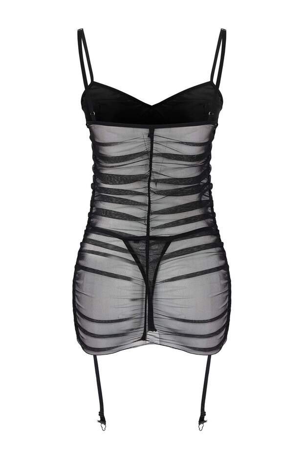 Siyah Jartiyerli Kapsız Saten ve Tül Sırt Transparan Külotlu Babydoll/Fantezi Gecelik THMAW26LL00002 - 7