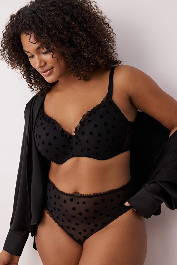 Siyah Flok Baskılı Kalpli Sabit Kaplı Ayarlanabilir Askılı T-Shirt Bra Sütyen TBBSS25CW00011 - 1