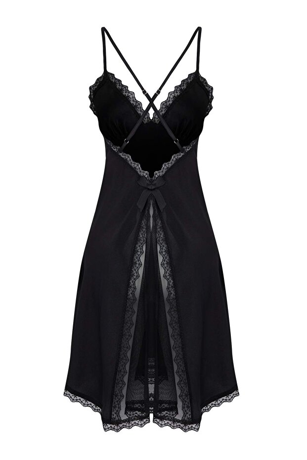 Siyah Yırtmaçlı Tül ve Dantel Detaylı Saten Kapsız Askılı Babydoll/Fantezi Gecelik THMAW26CY00003 - 8