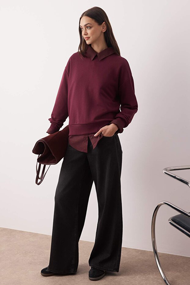 Mürdüm Kalın Regular/Normal Kesim Bisiklet Yaka Örme Sweatshirt TWOAW26SW00028 - 3