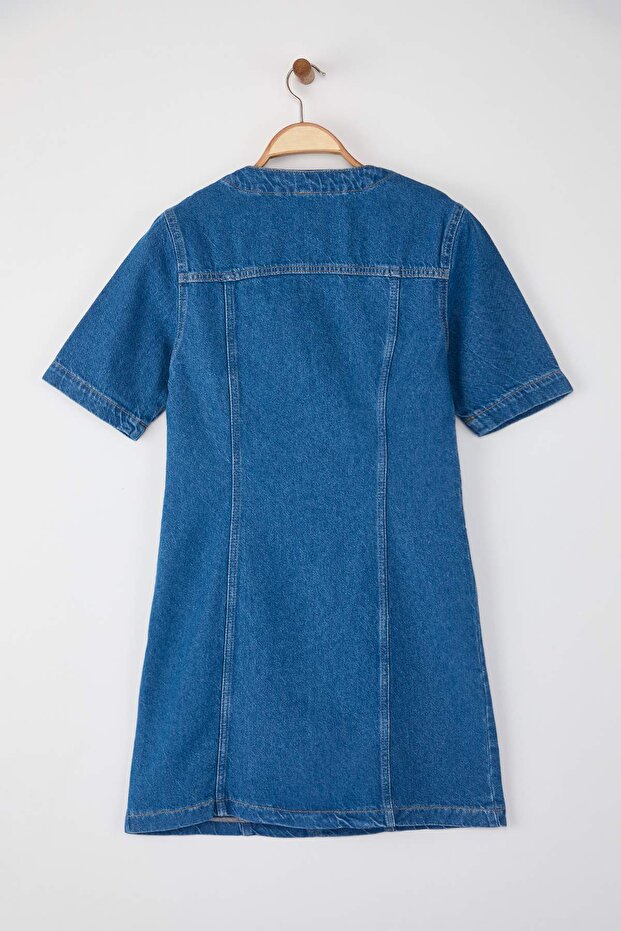 Mavi Kuşgözü Bağlama Detaylı Mini Denim Elbise TWOAW26EL00033 - 6