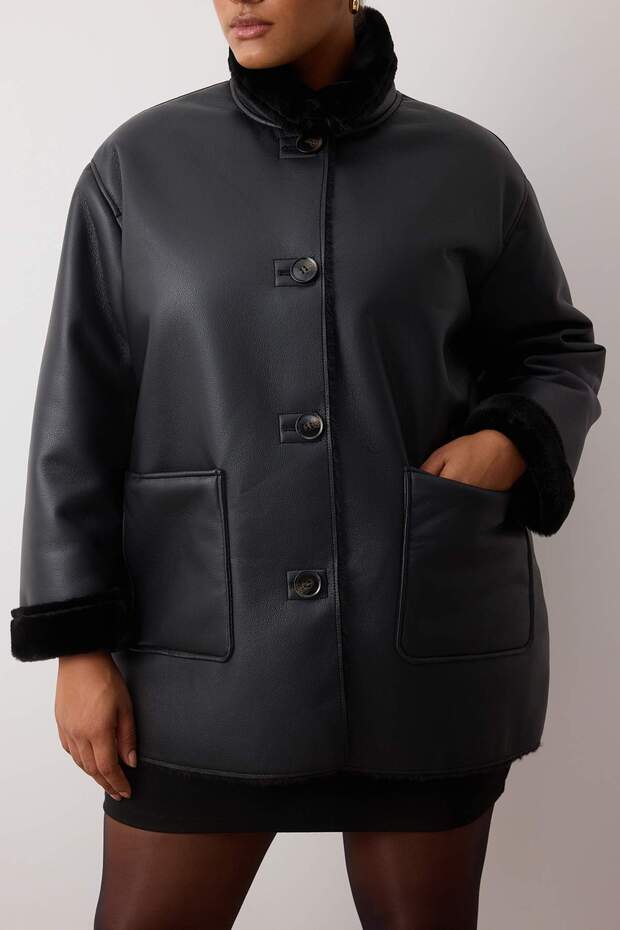 Siyah PU Detaylı Kürklü Mono Kapama Oversize Büyük Beden Kaban TWOAW26DD00001 - 3