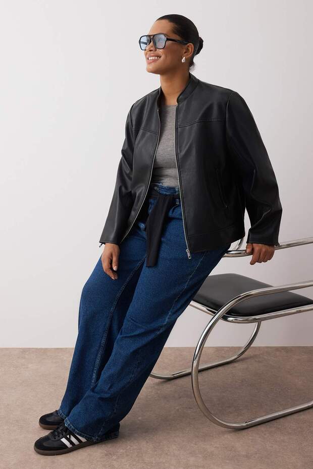 Czarna dopasowana sztuczna skóra Biker Plus Size Cienka kurtka TWOAW26AW00003 - 1