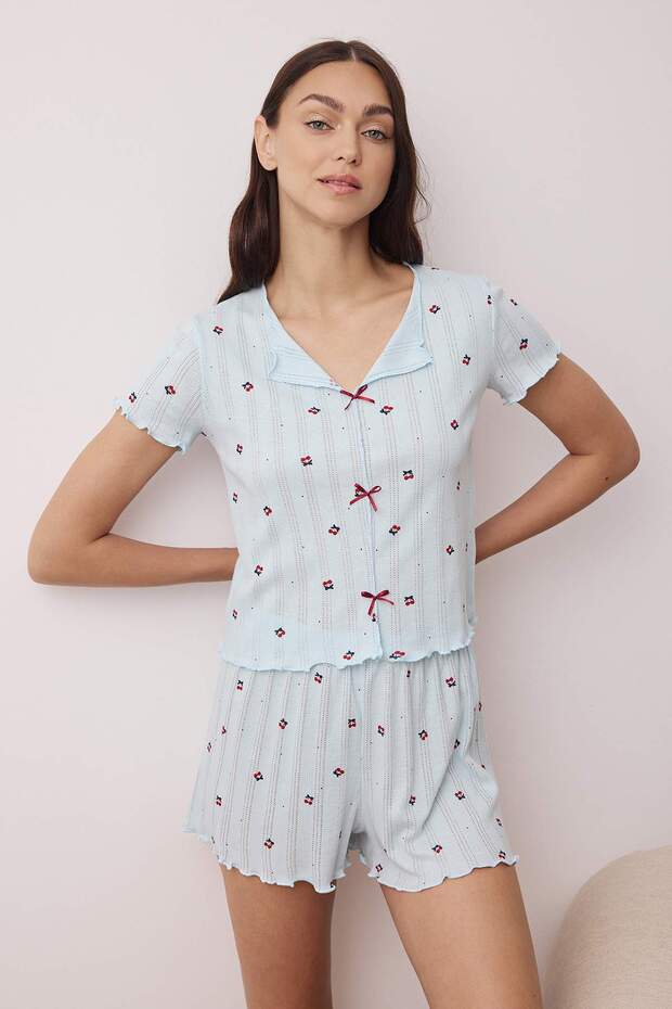 Mavi %100 Pamuklu Kirazlı Kurdele/Fiyonklu Fitilli Şortlu Örme Pijama Takımı THMSS25PT00434 - 2