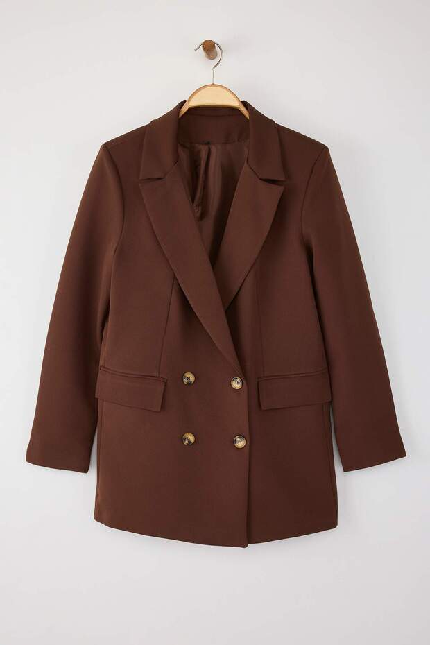 Kahverengi Oversize Astarlı Düğmeli Dokuma Blazer Ceket TWOAW22CE0167 - 5