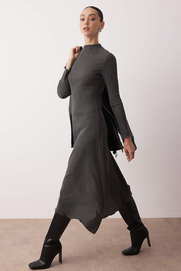 Anthracite Asymmetric Hem Detail Stand Collar Stretchy Straight Maxi Knitted Dress Twoaw26El00022