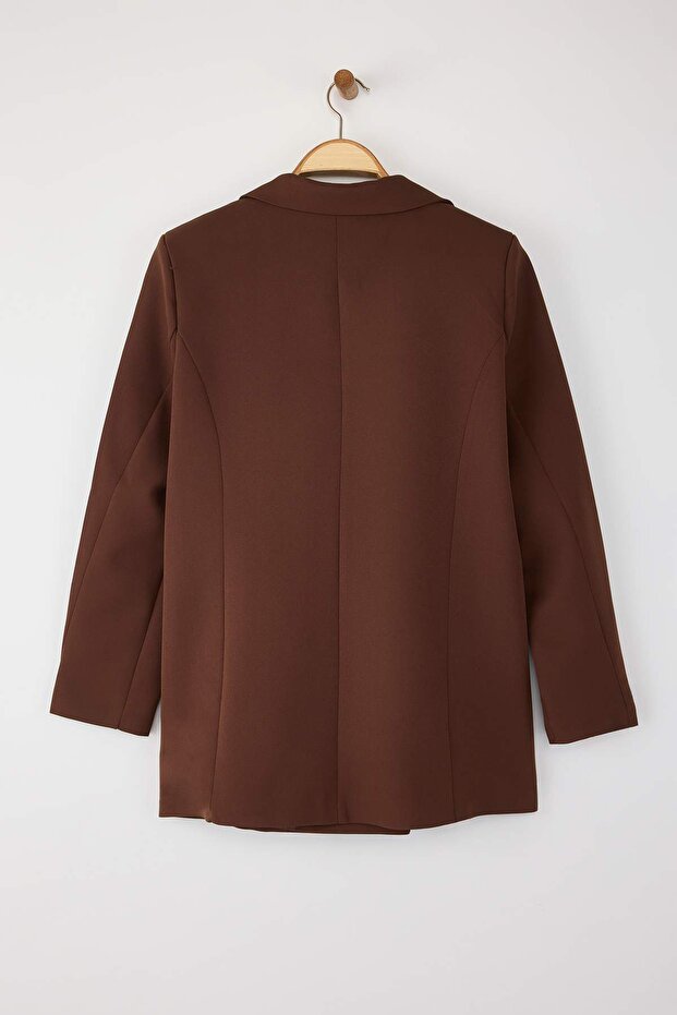 Kahverengi Oversize Astarlı Düğmeli Dokuma Blazer Ceket TWOAW22CE0167 - 6