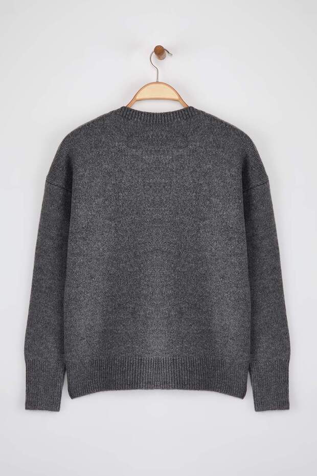Wardrobe Essentials Antrasit Yünlü Premium İplik Basic Geniş Kalıp Triko Kazak | TWOAW26KZ00065 - 6