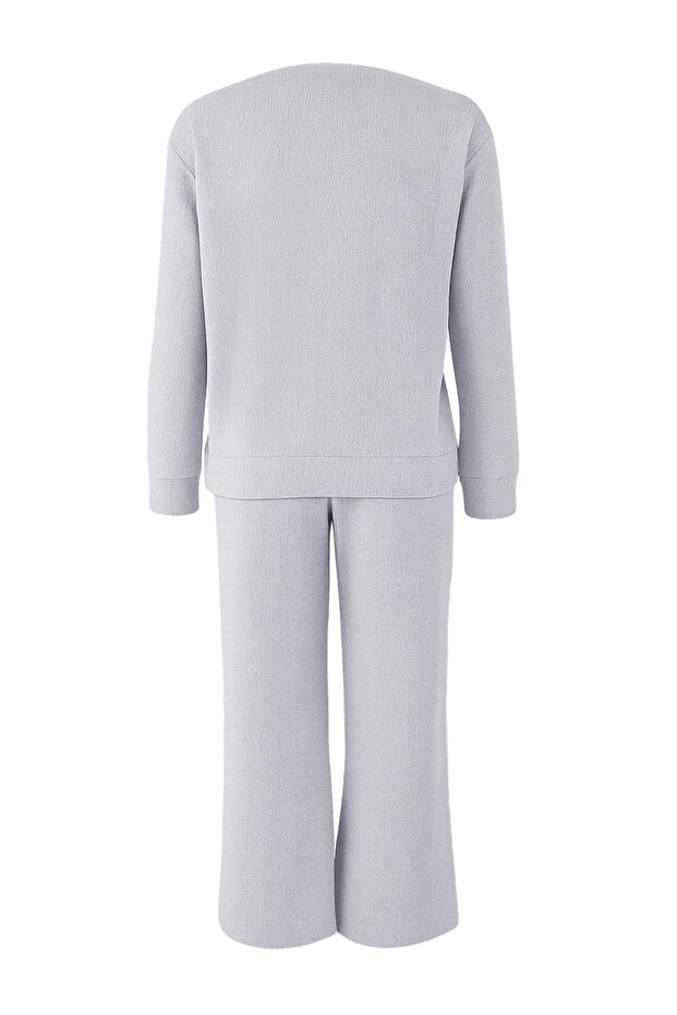 Gri Melanj Düğmeli Waffle Kumaş Örme Pijama Takımı THMAW26PT00000 - 6