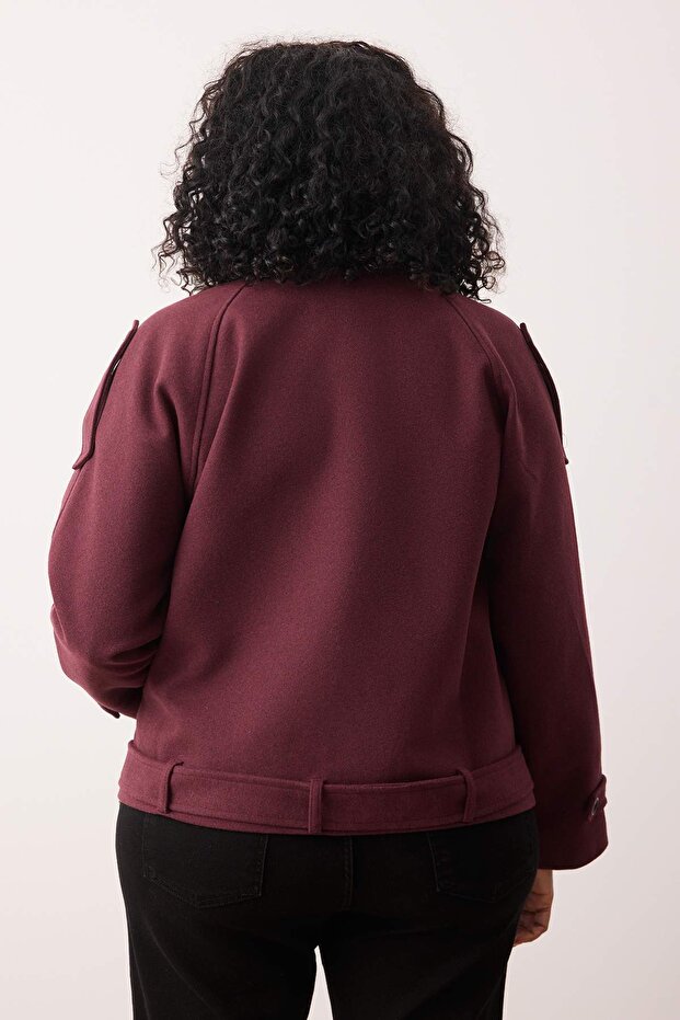Bordo Yumuşak Dokulu Mevsimlik Büyük Beden Kısa Oversize Kaşe Ceket Kaban TWOAW26DD00008 - 4