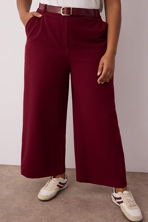 Özel Koleksiyon Bordo Wide Leg Premium Kemerli Büyük Beden Pantolon TBBAW26AR00001 - 3