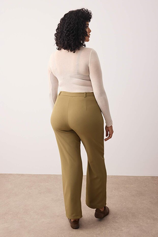 Haki Straight/Düz Kesim Yüksek Bel Nervür Dikişli Dokuma Pantolon TBBSS22PL0301 - 4