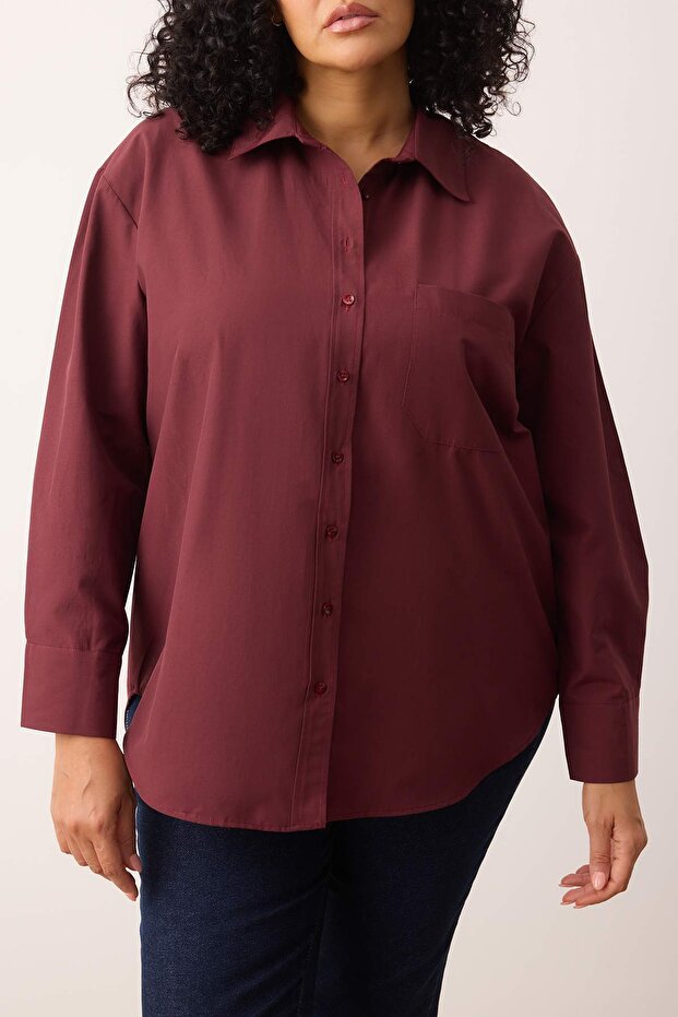 Koyu Bordo Loose Fit Pamuklu Uzun Kol Büyük Beden Dokuma Gömlek TBBSS22GO0323 - 3