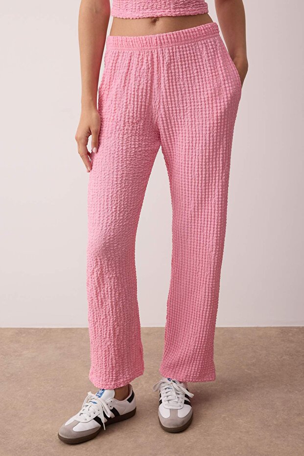 Pembe Dokulu Gofre Asimetrik Tek Kol Esnek Örme Alt - Üst Takım TWOSS25AU00129 - 3