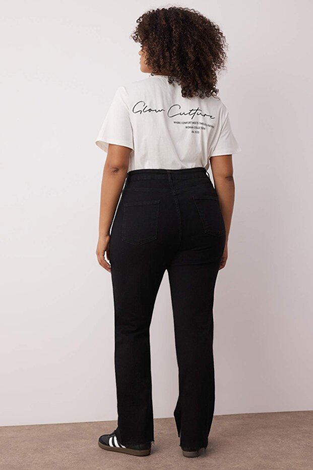 Siyah Yüksek Bel Yırtmaç Detaylı Flare Fit Büyük Beden Jeans TBBAW26CJ00000 - 4