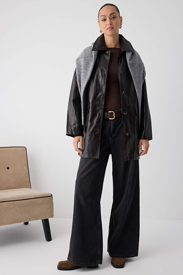 Wardrobe Essentials Koyu Kahverengi Suni Deri Oversize Midi Trençkot TWOAW26TR00009 - 3