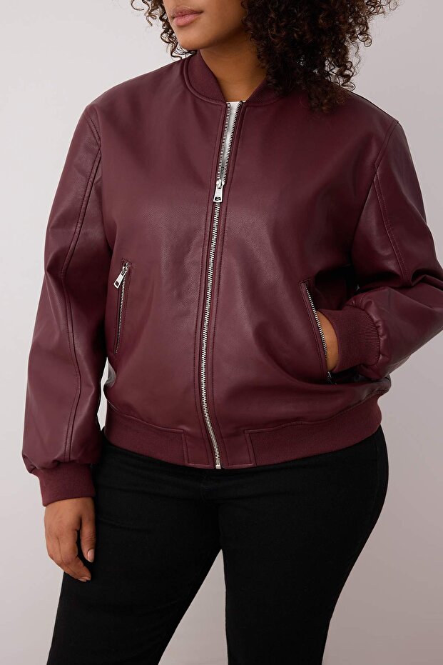 Bordová Regular Fit Faux Leather Bomber Slim Plus Size Jacket Coats TWOAW26AW00002 - 3