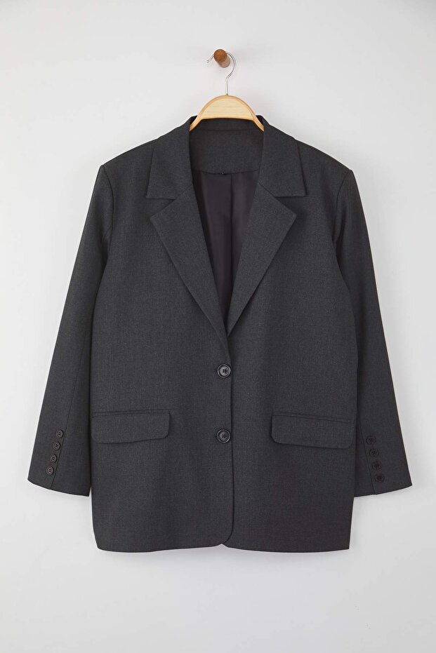 Antrasit Premium Oversize/Bol Kesim Astarlı Dokuma Blazer Ceket TBBAW26AG00007 - 5