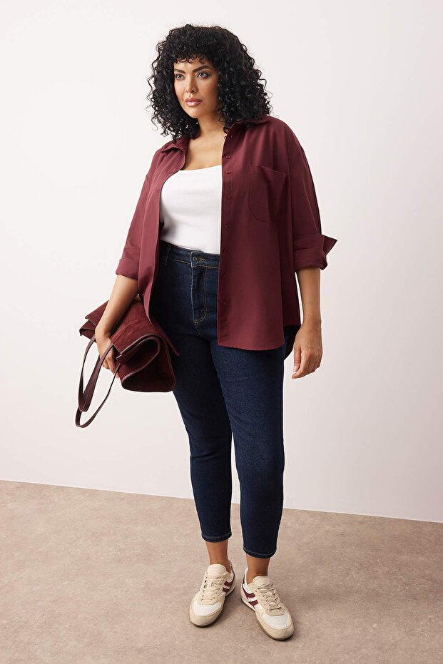 Koyu Bordo Loose Fit Pamuklu Uzun Kol Büyük Beden Dokuma Gömlek TBBSS22GO0323 - 1