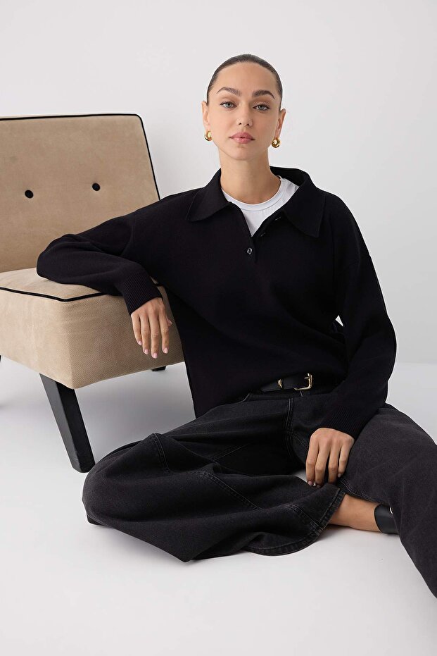 Wardrobe Essentials Siyah*001 Premium/Özel İplik Polo Yaka Triko Kazak | TWOAW26KZ00060 - 1