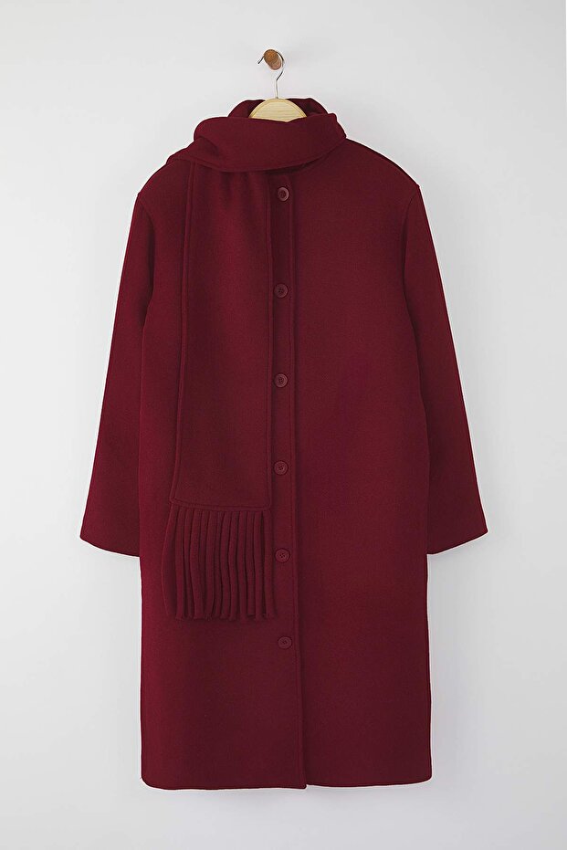Bordo Şal Detaylı Mono Kapama Oversize Uzun Kaşe Kaban TWOAW26KB00041 - 6