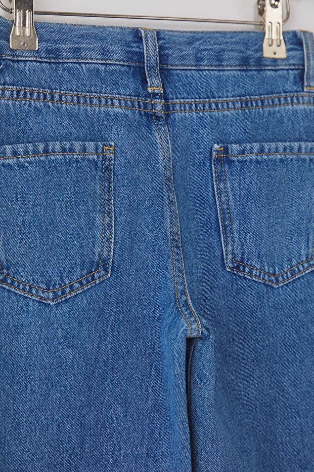 Mavi Kız Çocuk Geniş Paça Yıldız Desenli Lastikli %100 Pamuk Denim Pantolon TKDAW25PL00001 - 5
