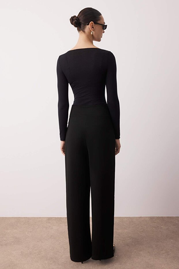 Siyah Toka Detaylı Wideleg/Geniş Paça Örme Pantolon TWOAW26PL00022 - 4